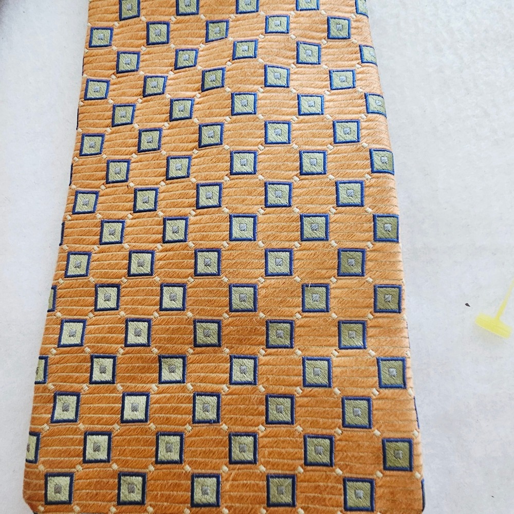 Zianetti Mens Silk Necktie Orange Blue Green Geometric Square Pattern Silk Tie - Picture 2 of 4